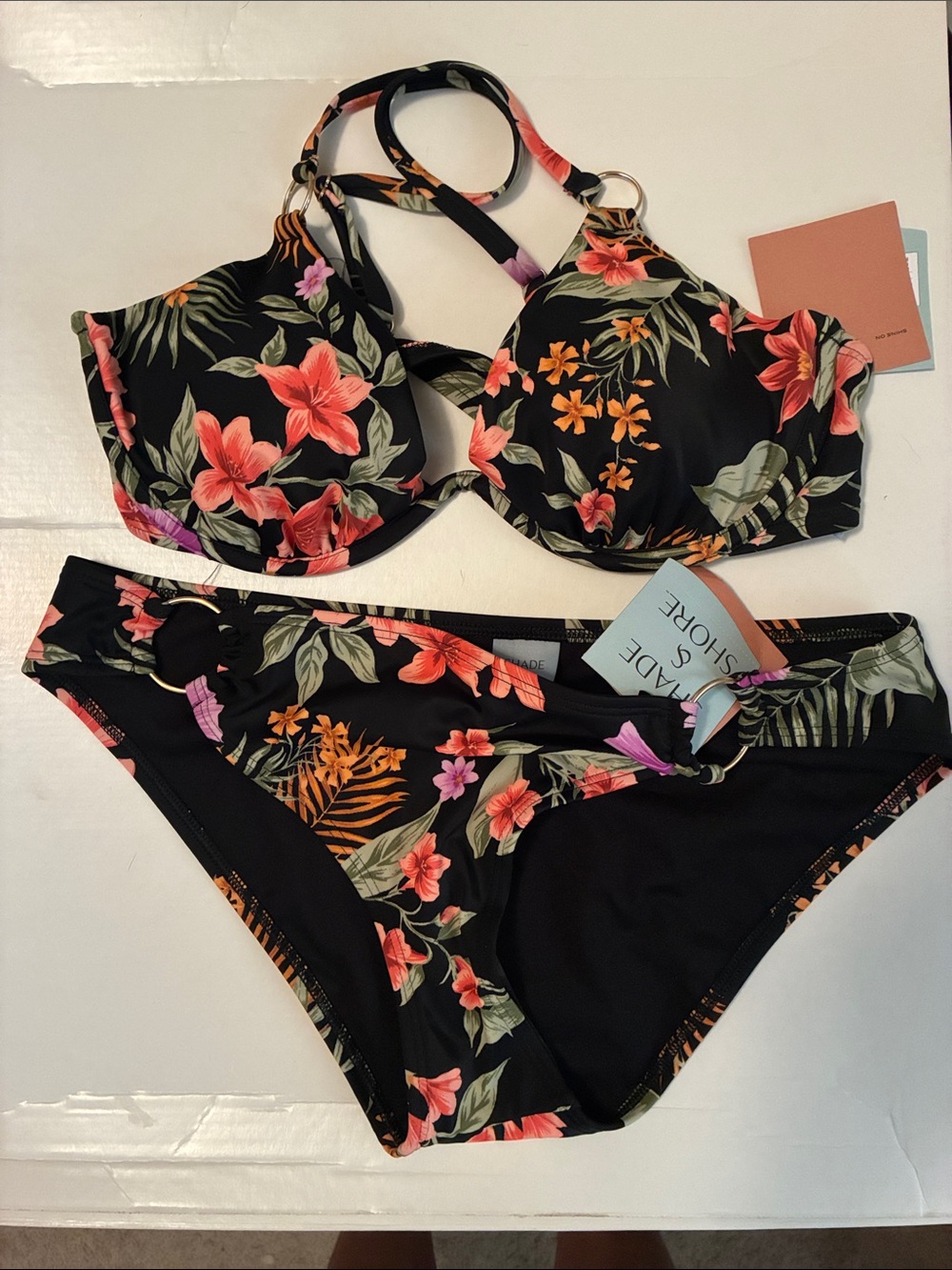 Shade & Shore Black Floral Underwire Bikini Set with Pink & Orange Flowers